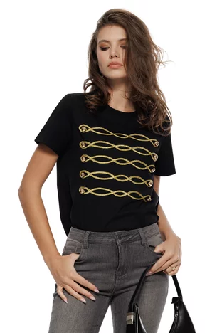 Tricou dama neagru premium cu brandemburguri aplicate si nasturi metalici aurii