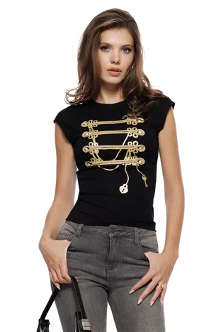 Tricou dama negru premium cu brandemburguri aurii si nasturi metalici aurii