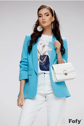Tricou dama premium alb cu imprimeu abstract modern in nuante de albastru si frunza stilizata aurie