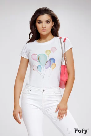 Tricou dama premium alb imprimat cu baloane multicolore si pelicula aurie
