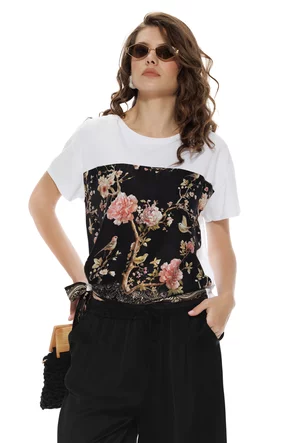 Tricou dama premium imprimeu baroc floral pe matase de vascoza 