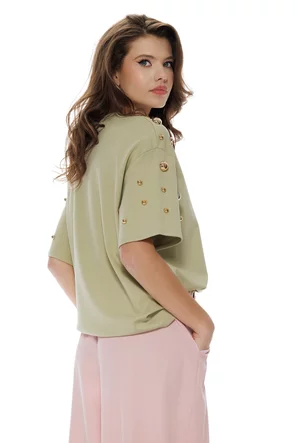 Tricou dama vernil fistic premium din bumbac  cu accesorii metalice aurii