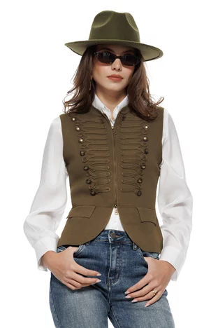 Vesta dama din tricot premium kaky design army nasturi metalici si fermoar