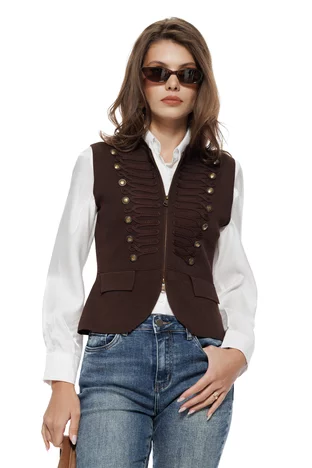 Vesta dama din tricot premium maro design army nasturi metalici si fermoar