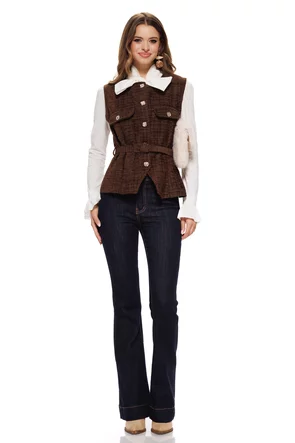 Vesta dama eleganta stil jacheta din stofa pepit maro catifelata cu nasturi aurii si curea