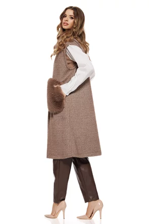 Vesta dama lunga bej din stofa premium cu buzunare din blanita