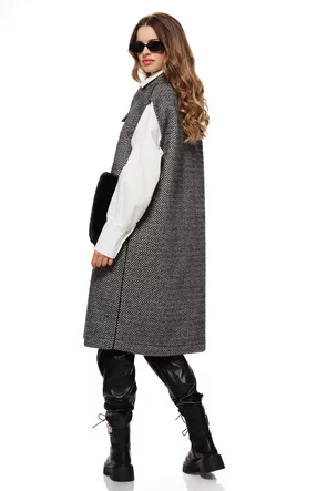 Vesta dama lunga neagra din stofa pepit premium cu buzunare din blanita