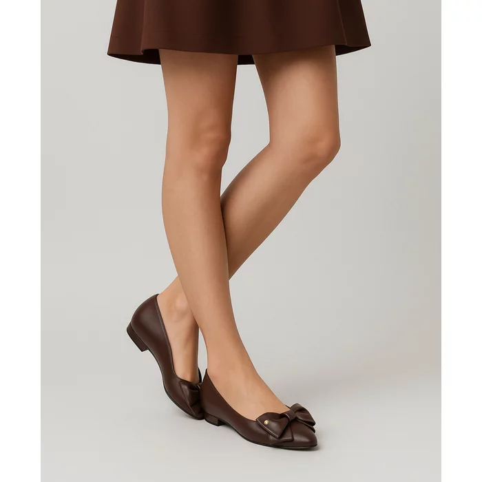 Balerini dama Piele Naturala Maro ciocolata cu funda Alisia picture - 2