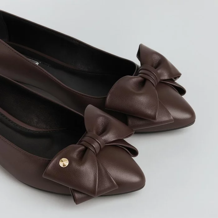 Balerini dama Piele Naturala Maro ciocolata cu funda Alisia picture - 3