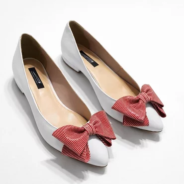 Balerini Piele Naturala Albi cu funda rosie Alisia