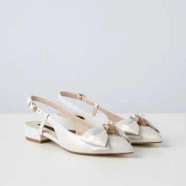 Balerini Piele Naturala Albi ivoire cu funda si accesoriu Bee