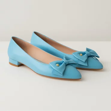 Balerini Piele Naturala Blue cu funda Alisia