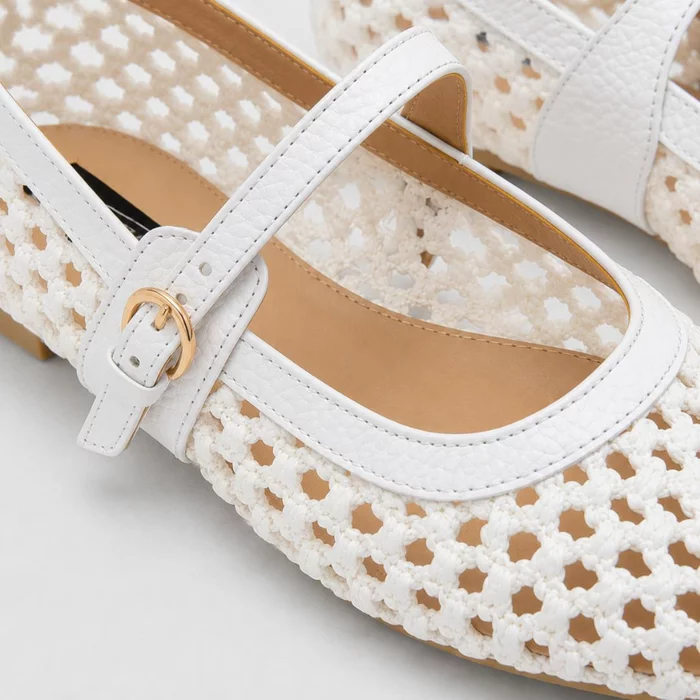 Balerini Piele Naturala cu textil Albi Glosy picture - 4