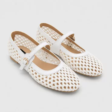 Balerini Piele Naturala cu textil Albi Glosy