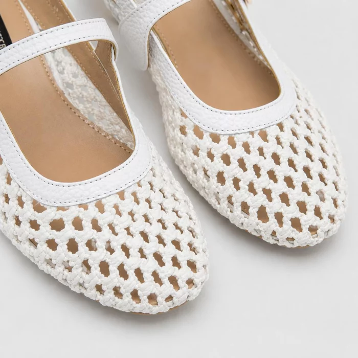 Balerini Piele Naturala cu textil Albi Glosy picture - 5