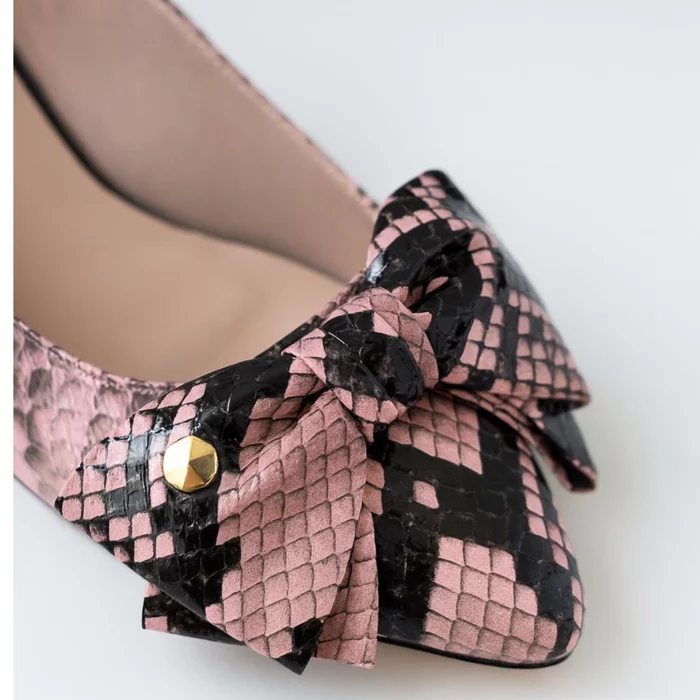 Balerini Piele Naturala imprimeu snake Roz cu funda Alisia picture - 2