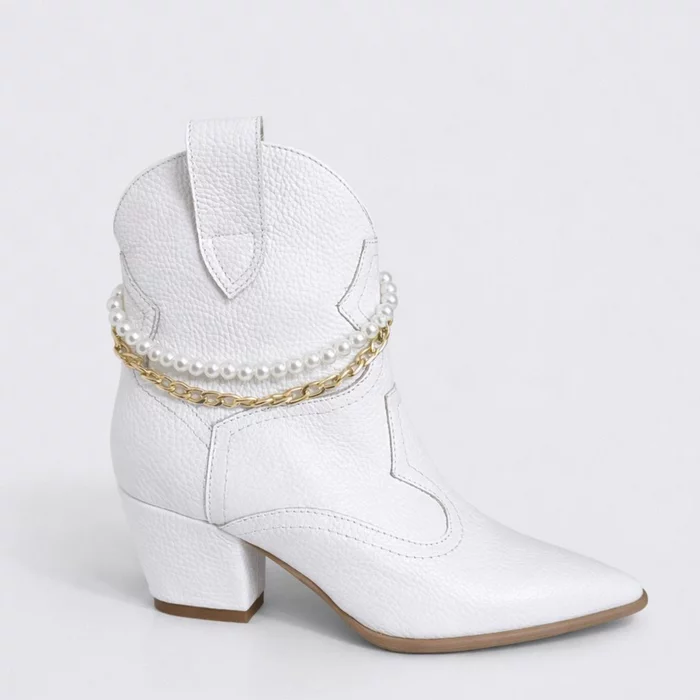 Ciocate dama Piele Naturala Albe bizonat accesorizate cu lant perle Sisa picture - 4