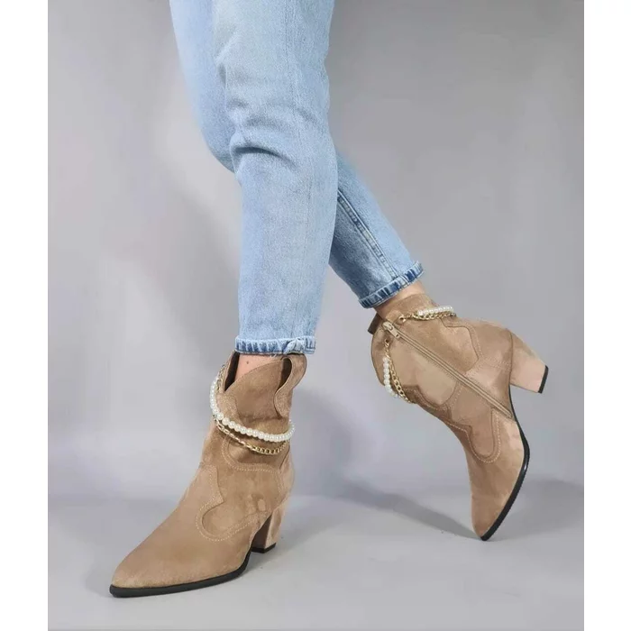 Ciocate dama Piele Naturala Bej accesorizate cu lant perle Sisa picture - 2