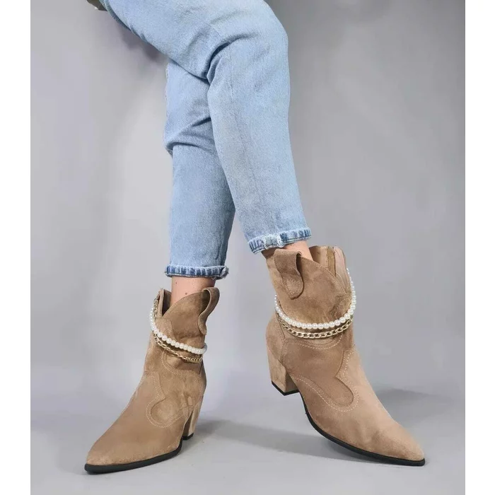 Ciocate dama Piele Naturala Bej accesorizate cu lant perle Sisa picture - 3