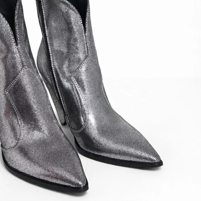 Ciocate Piele Naturala Argintii cu toc conic Amalia picture - 4