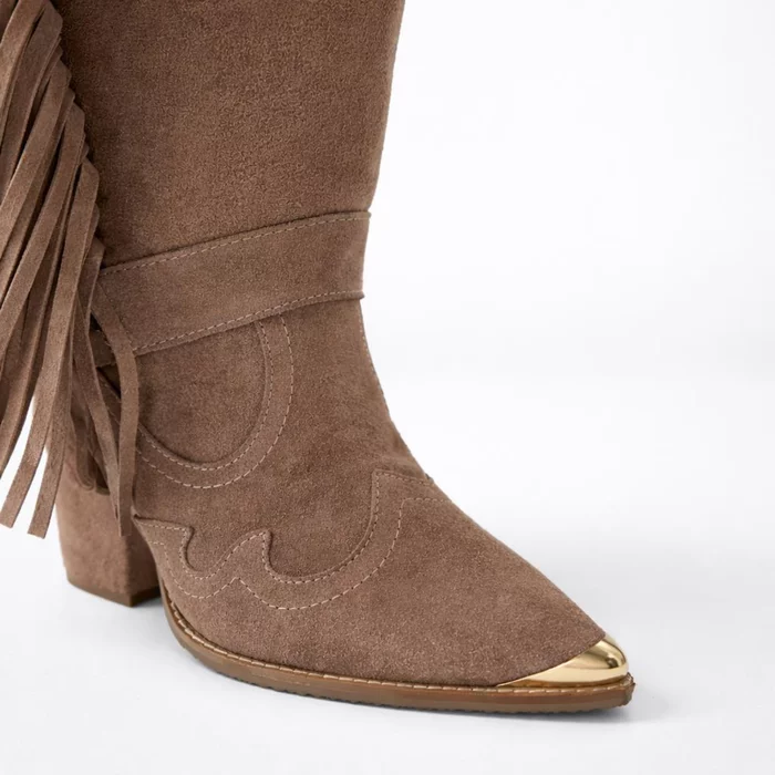 Cizme cu carambi detasabili Piele Naturala Velur Bej Capucino cu franjuri Dakota Jinx P picture - 4