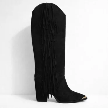 Cizme cu carambi detasabili Piele Naturala Velur Negru cu franjuri Dakota Jinx P