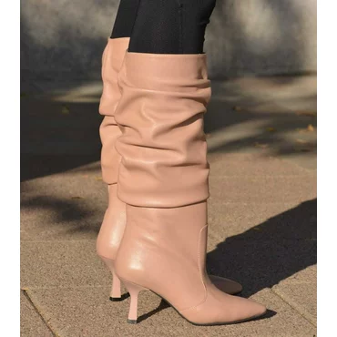 Cizme fronsate Piele Naturala bej Alana