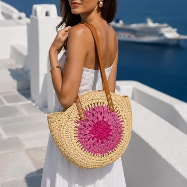 Geanta dama de plaja Bali Bej cu Fuxia