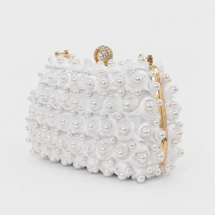 Geantă Damă Elegantă Amalfi Alb – Clutch cu Perle și Trandafiri Decorativi picture - 4