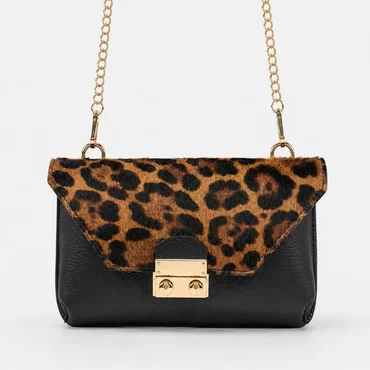 Geanta dama mini Piele Naturala Neagra si imprimeu tip leopard Betsy