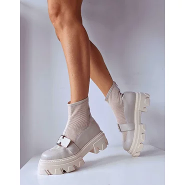 Ghete dama de vara Piele Naturala Bej si plasa textil Kamila