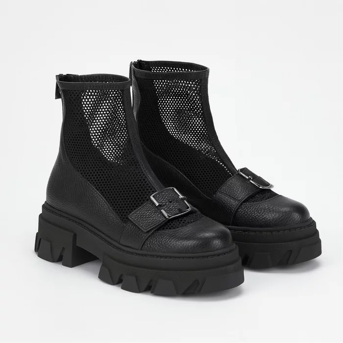 Ghete dama de vara Piele Naturala Negre si plasa textil Kamila picture - 2