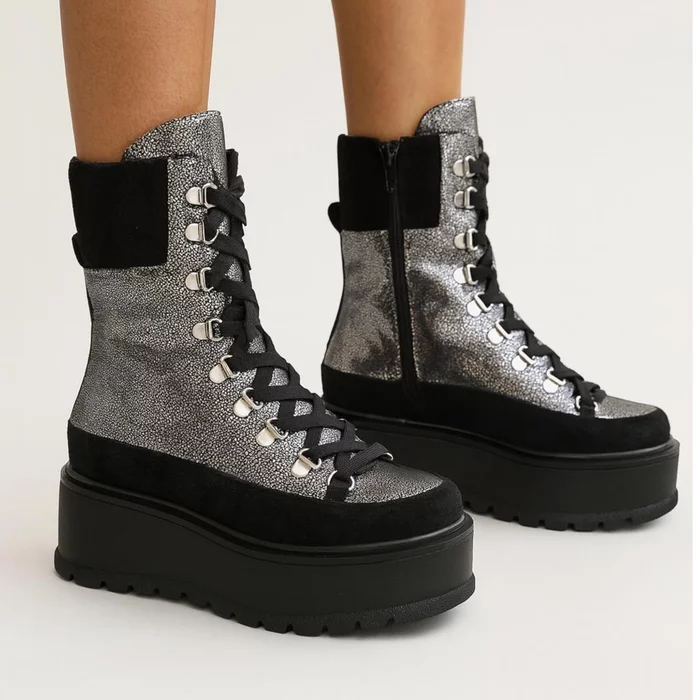 Ghete din piele naturala neagra cu argintiu Silver picture - 3