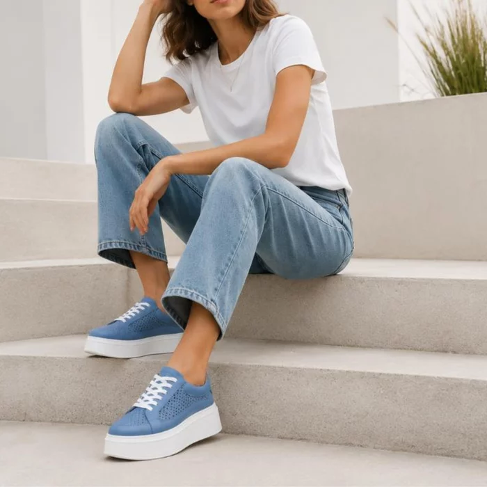 Pantofi casual Piele Naturala Albastri cu perforatii Dami picture - 3