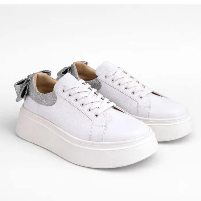 Pantofi casual Piele Naturala albi cu argintiu Bow picture - 4