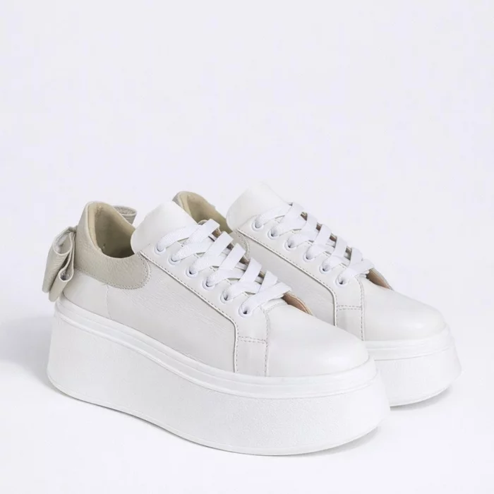 Pantofi casual Piele Naturala Albi cu Bej Bow picture - 4