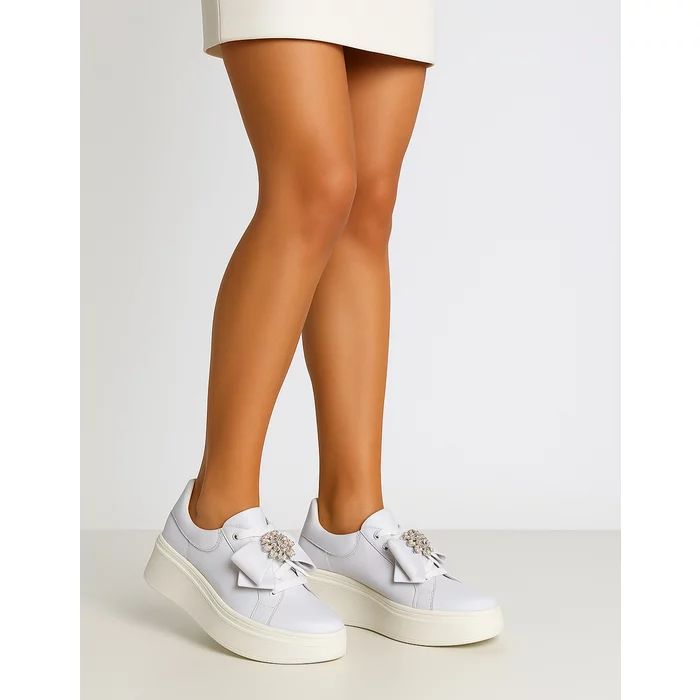 Pantofi casual Piele Naturala Albi cu funda si accesoriu Noam picture - 4