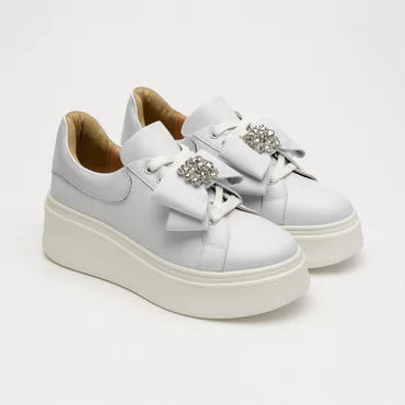 Pantofi casual Piele Naturala Albi cu funda si accesoriu Noam