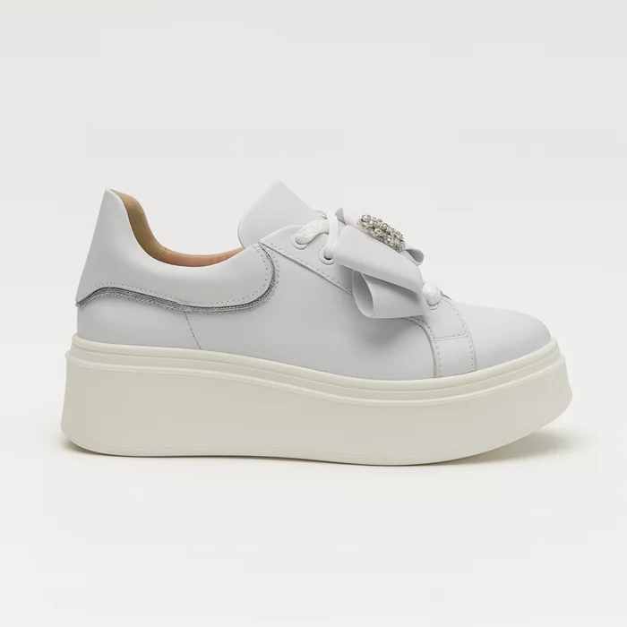 Pantofi casual Piele Naturala Albi cu funda si accesoriu Noam picture - 2