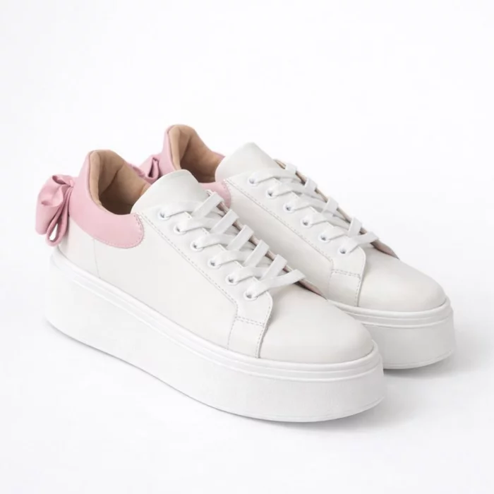 Pantofi casual Piele Naturala albi cu roz Bow picture - 3