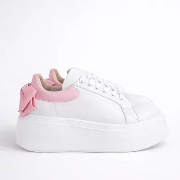 Pantofi casual Piele Naturala albi cu roz Bow