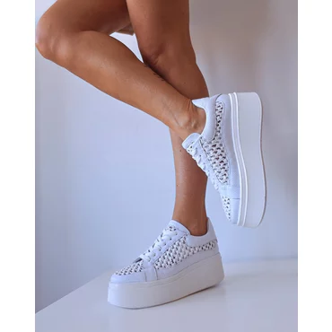 Pantofi casual Piele Naturala Albi cu textil broderie Dami