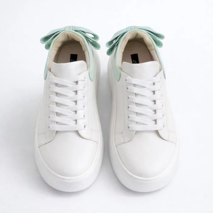 Pantofi casual Piele Naturala Albi cu Verde Turcoaz Bow picture - 4