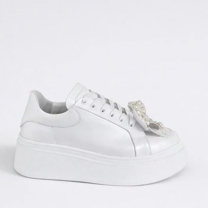 Pantofi casual Piele Naturala Albi sidefat cu funda perle Velisse picture - 3