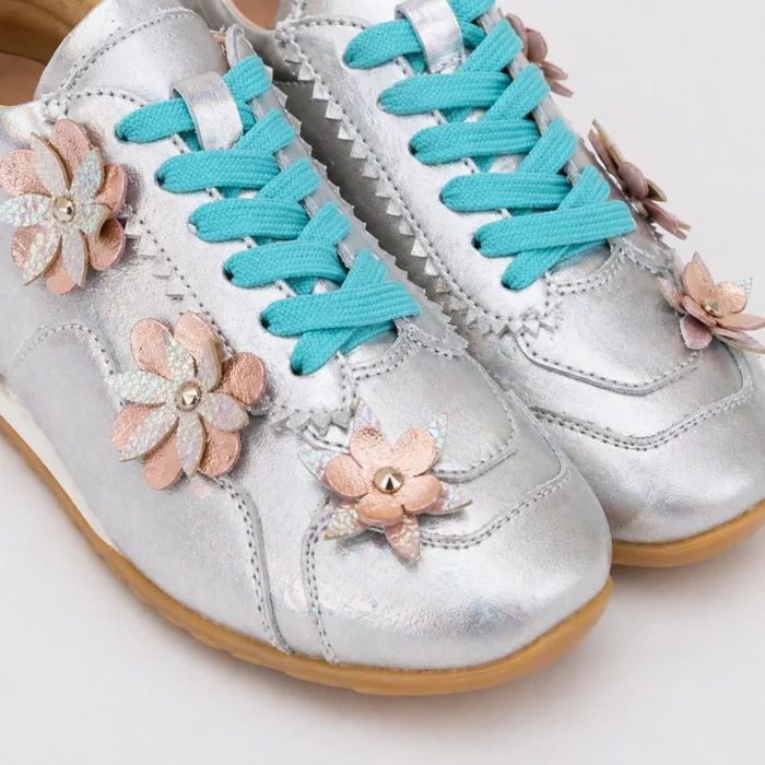 Pantofi casual Piele Naturala Argintii cu flori Teralis picture - 5