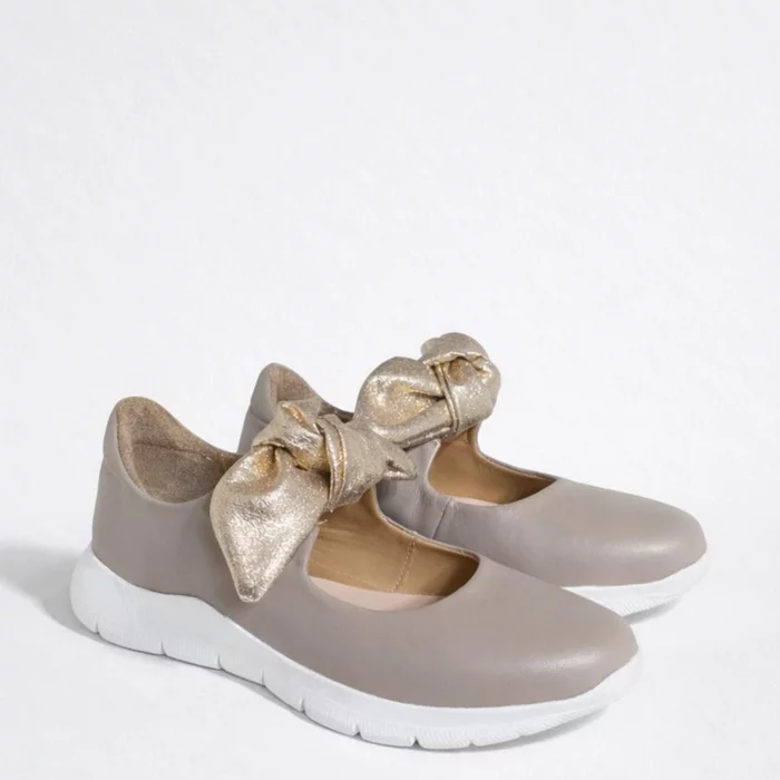 Pantofi casual Piele Naturala Bej cu auriu Mini Bow picture - 3