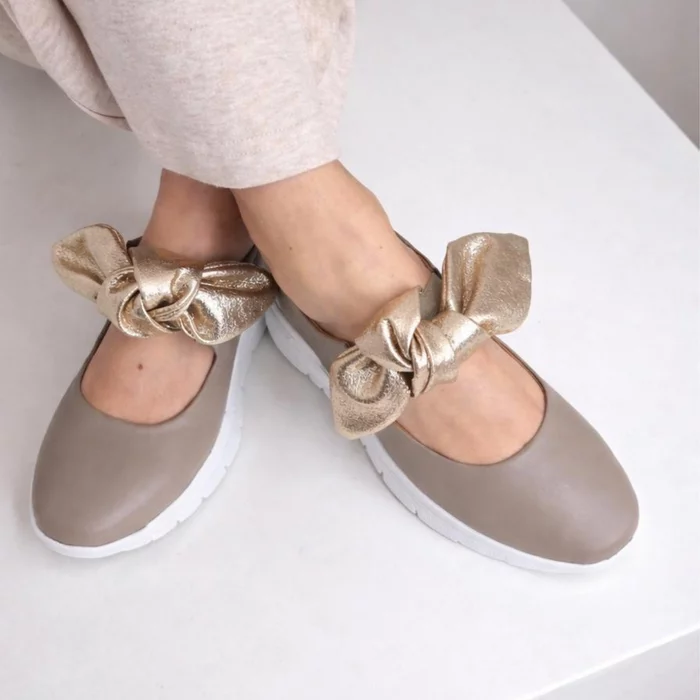 Pantofi casual Piele Naturala Bej cu auriu Mini Bow picture - 4