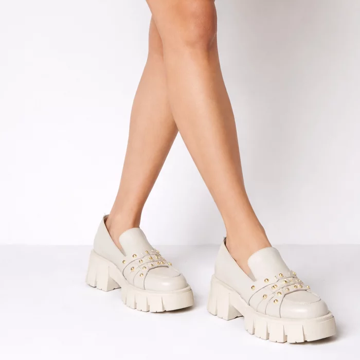 Pantofi casual Piele Naturala Bej cu capse Ayla picture - 2