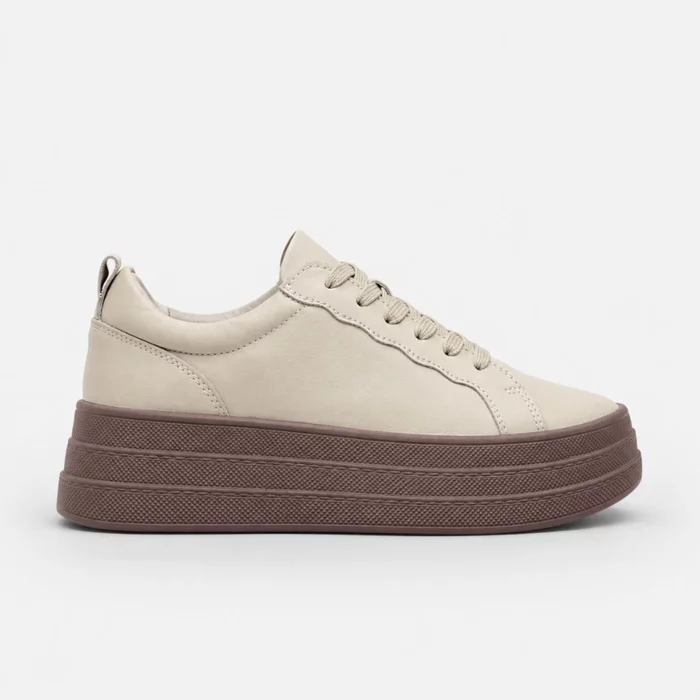 Pantofi casual Piele Naturala Bej cu siret Aris picture - 2