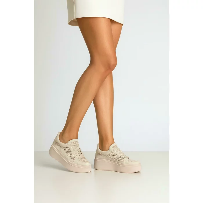 Pantofi casual Piele Naturala Bej cu textil broderie Dami picture - 4